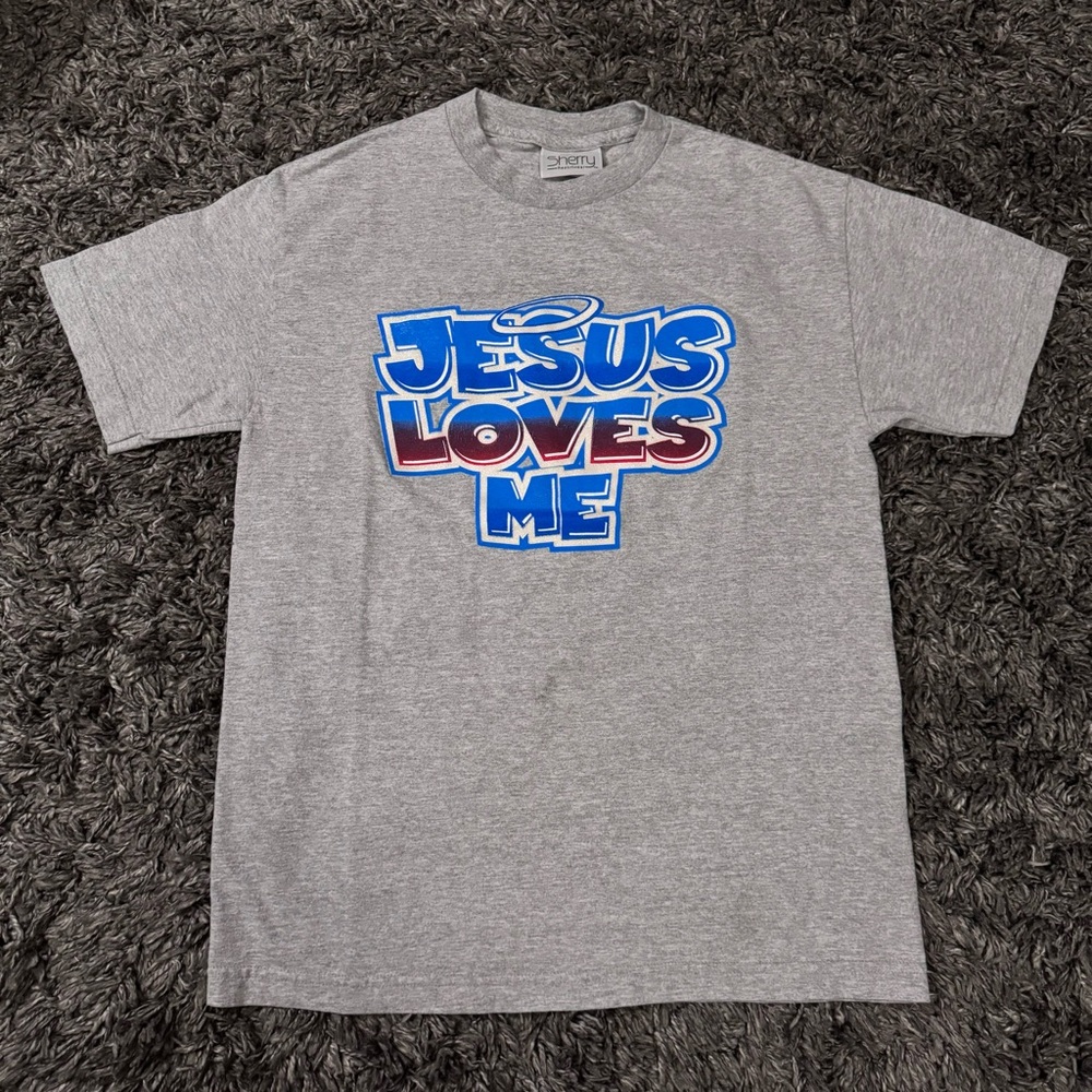 Vintage Gray T-Shirt with Jesus Loves Me Graphic